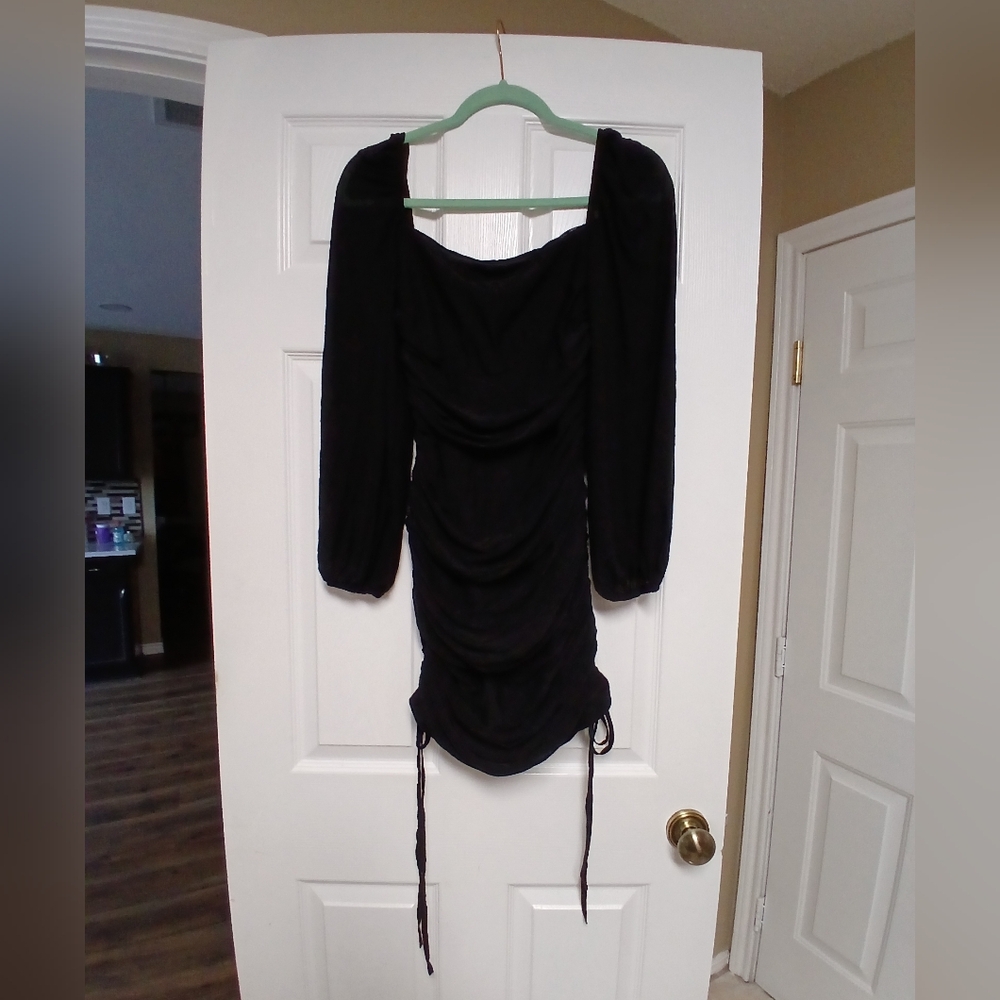 🖤MECALA Lantern Long Sleeve Bodycon Mini Dress With Drawstring Ruched - Size L